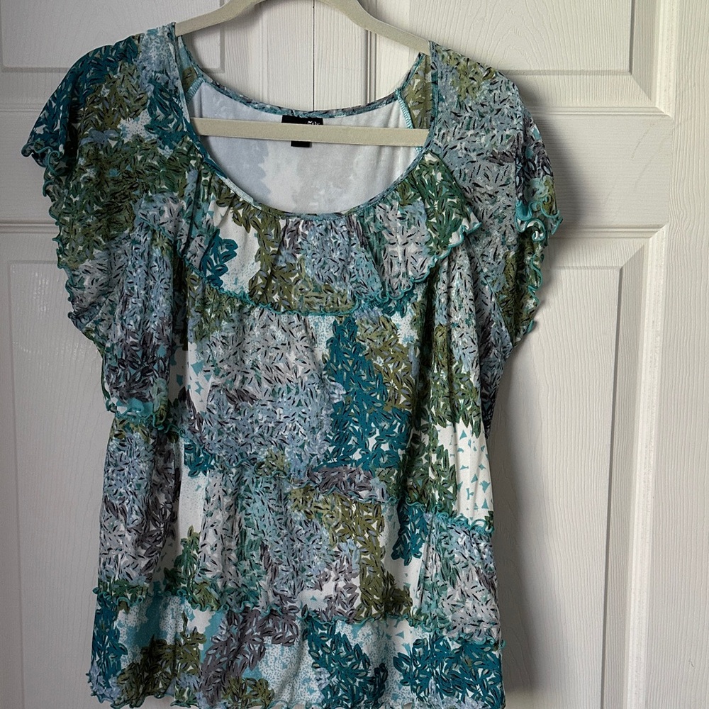 East 5th Leafy Print Women's Blouse - Green and Blue